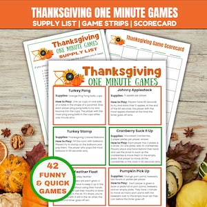May include: Thanksgiving One Minute Games supply list and game strips. The image features game instructions with titles like "Turkey Pong" and "Johnny Applestack." Colorful pumpkins, gourds, and fall foliage surround the game sheets. The text says "42 Funny & Quick Games."