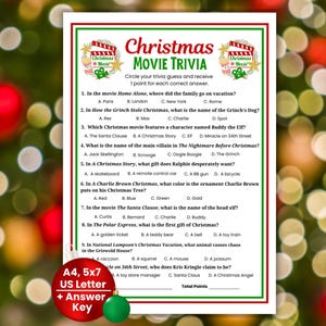 Christmas Movie Trivia Game Questions and Answers, Fun Christmas party game for Teens, Adults, Holiday Trivia Printable Game, Family Trivia