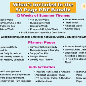 May include: A digital PDF bundle with 50 pages of summer-themed activities. The image features a list of 12 weeks of themes, planner pages, and kids' activities, including scavenger hunts, crafts, and educational resources. The text is displayed on a light blue background.