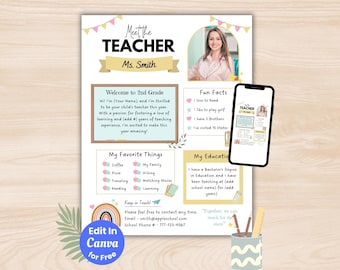 Bewerkbare Meet the Teacher-sjabloon, welkomstbrief voor terug naar school, nieuwsbrief voor docentenintroductie, flyer boho-klaslokaal, bronnen voor docenten
