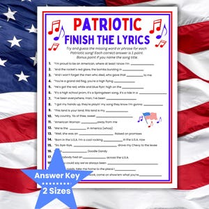 Op de afbeelding: Een patriottisch spelblad met de titel "Patriotic Finish the Lyrics" in rood en blauw. Het bevat songteksten met open plekken om in te vullen en muzieknoten. De achtergrond is een Amerikaanse vlag.