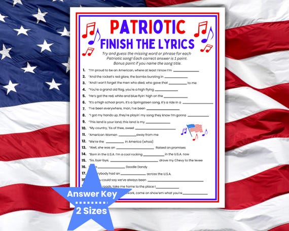 Patriotic Finish the Lyrics Game, Patriotic Trivia, Patriotic Songs, Fun Patriotic Games, Memorial Day, 4th of July, Labor Day Picnic Games