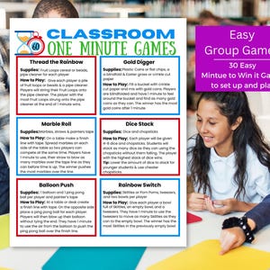 Op de afbeelding: Een kleurrijke klasposter met de titel "Classroom One Minute Games". De poster toont 10 verschillende spellen die kinderen in &eacute;&eacute;n minuut kunnen spelen. Elk spel heeft een lijst met benodigdheden en instructies over hoe te spelen. De poster is ontworpen om leraren en ouders te helpen leuke en boeiende activiteiten voor kinderen te vinden.