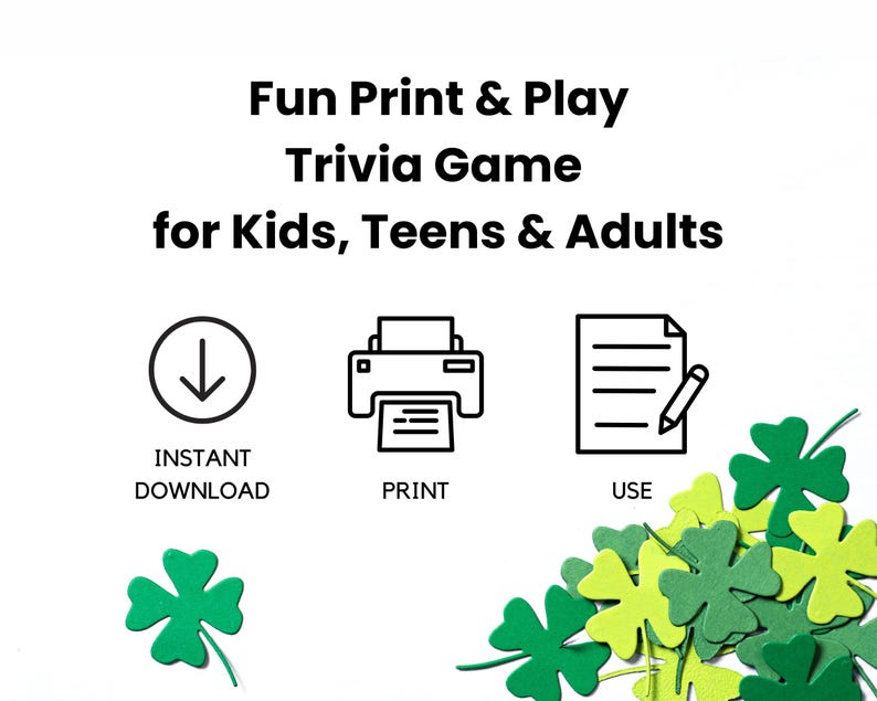 The fun St. Patrick's Day game for kids, teens, Adults, and seniors is an instant download, you can print and use it right away.