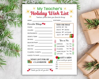 Teacher Holiday Wish List Printable, Christmas Wish List, Teacher Favorite Things List, Teacher Survey, Gift Questionnaire, All About Me