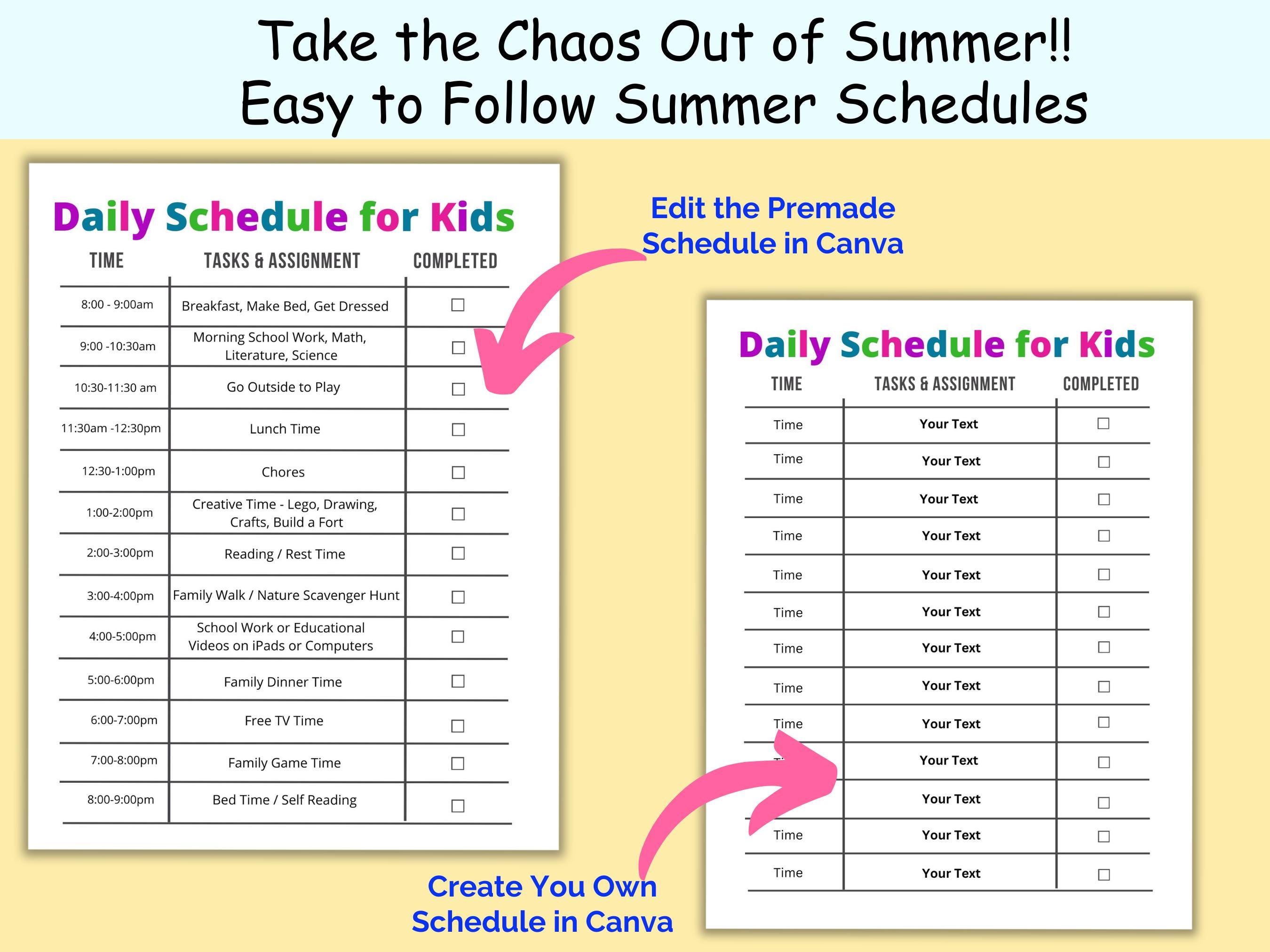 Editable Summer Schedule for Kids, Daily Summer Routine Chart, Kids ...