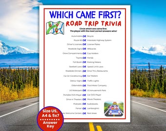 Juego de trivia de viajes por carretera, preguntas de trivia sobre qué fue primero, viaje familiar por carretera, juego de viajes para adultos, juegos imprimibles de viajes en coche para niños, adolescentes y adultos mayores.