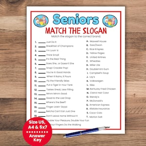 以下が含まれることがあります： 「Seniors Match the Slogan」というタイトルの印刷されたゲームシート。このゲームは、ブランド名と一致させるスローガンのリストを特徴としています。シートには赤いボーダーがあり、「Size US、A4＆5x7」と「Answer Key」というテキストが含まれています。