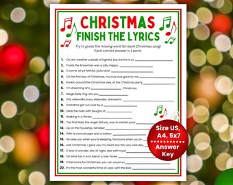 May include: A white Christmas Finish the Lyrics game sheet with red and green borders, musical note icons, and twenty numbered song lines. A red circular badge displays the text Size US, A4, 5x7, and Answer Key in white.