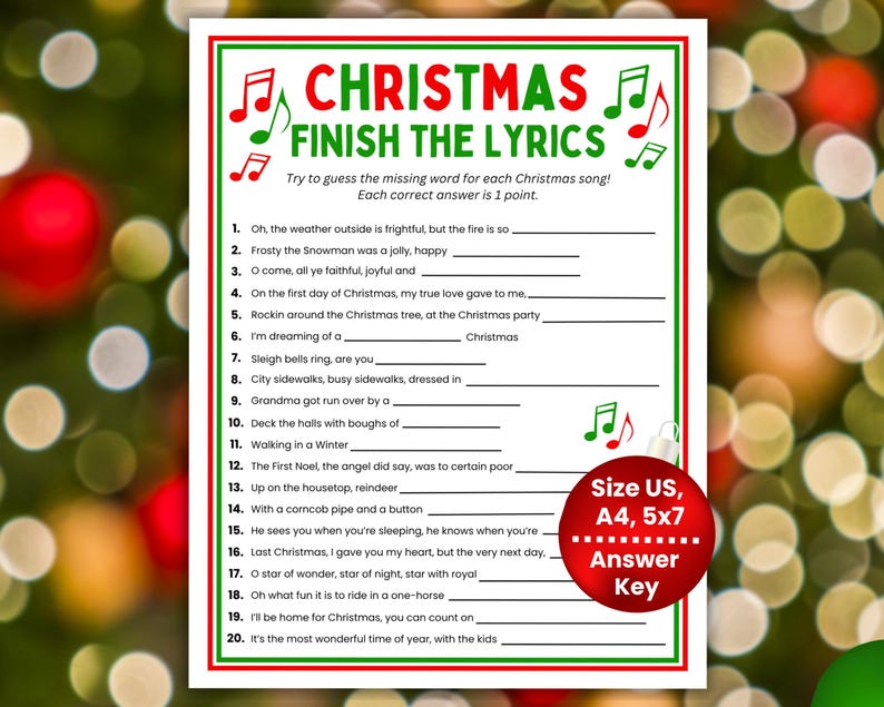 Może przedstawiać: Biała karta do gry świątecznej Finish the Lyrics z czerwonymi i zielonymi obramowaniami, ikonami nut i dwudziestoma ponumerowanymi liniami piosenek. Czerwona okrągła odznaka zawiera biały tekst Size US, A4, 5x7 oraz Answer Key.