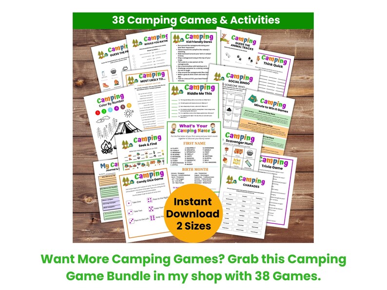 Find more camping games in my shop. The page shows a camping game bundle with 38 Camping Activities for kids.
