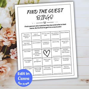 Find The Guest Bingo, Wedding Bingo Game, Bridal Shower Bingo, Modern Shower Game, Get to Know You, Editable Game Card, Wedding Table Games