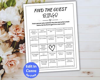 Trova l'ospite Bingo, Gioco del Bingo per matrimoni, Bingo per addio al nubilato, Gioco moderno per addio al nubilato, Conosciamoci meglio, Cartella di gioco modificabile, Giochi da tavolo per matrimoni
