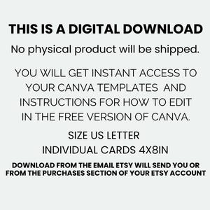 May include: Text on a light gray background reads "THIS IS A DIGITAL DOWNLOAD" and details about the digital product. The text also states the size is US Letter and individual cards are 4x8 inches.
