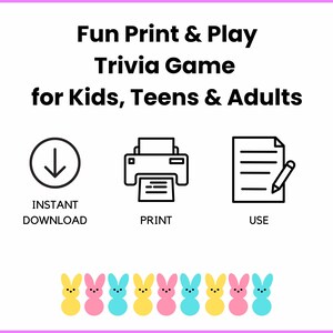 A page with an arrow for Instant download game, printer to tell you to print the Easter Game and paper and pencil to play the party game. The bottom of the page has marshmallow bunnies.
