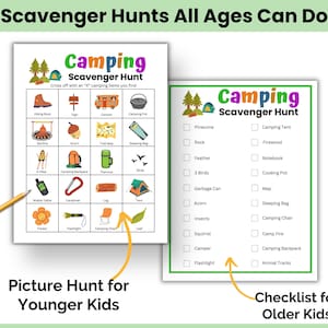 A Picture scavenger hunt for young kids and a Camp scavenger hunt checklist for older kids. Fun camping games for the whole family.