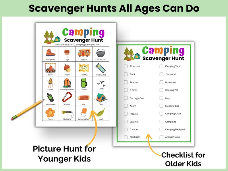 A Picture scavenger hunt for young kids and a Camp scavenger hunt checklist for older kids. Fun camping games for the whole family.