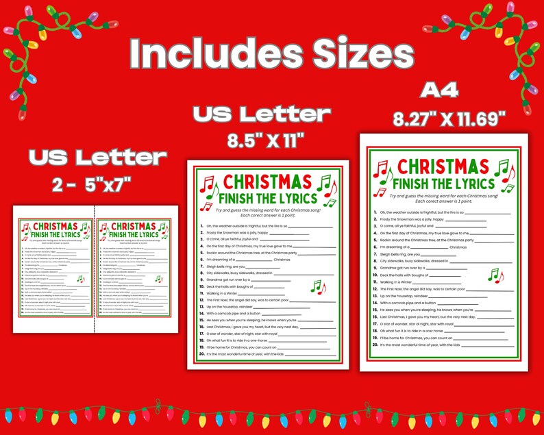 Three sizes are included: US Letter size 8.5" x 11", A4 size 8.27" x 11.69", and two 5x7 sizes on the US Letter page.