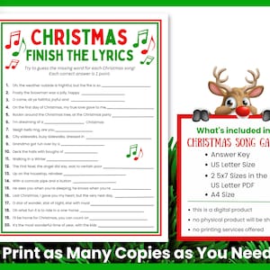 The Christmas Finish the Lyrics game on a background of evergreen needles. You can print as many copies as you need. The holiday song game includes an answer sheet and three sizes. It is a digital product.