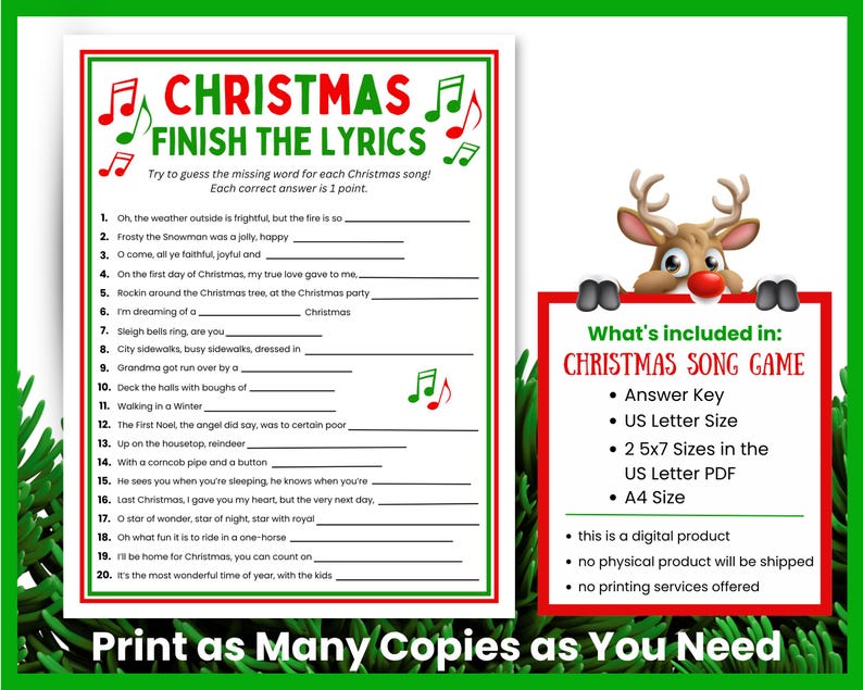 The Christmas Finish the Lyrics game on a background of evergreen needles. You can print as many copies as you need. The holiday song game includes an answer sheet and three sizes. It is a digital product.