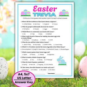 Easter Trivia Game, Printable Easter Games, Easter Party Game, Spring Trivia, Kids Easter Activities, Teen Easter Game, Easter Adult Games image 1