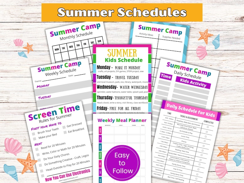 May include: A collection of colorful summer camp schedules and screen time rules printed on white paper. The schedules include daily, weekly, and monthly planners, along with activity ideas and a weekly meal planner. The text "Summer Schedules" is at the top.