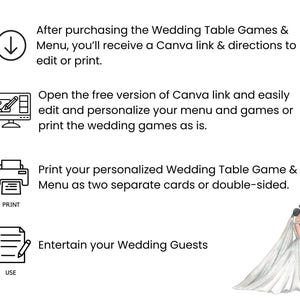 May include: An illustrated guide for wedding table games and menus. The text includes instructions on how to edit and print personalized wedding games and menus using a Canva link. A bride and groom are shown at the bottom.