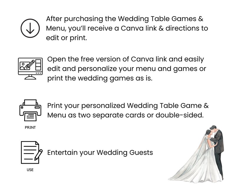 May include: An illustrated guide for wedding table games and menus. The text includes instructions on how to edit and print personalized wedding games and menus using a Canva link. A bride and groom are shown at the bottom.