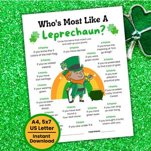 Who's Most Like a Leprechaun St. Patrick's Day Game, St. Patrick's Activity, Leprechaun Printable Game, St. Paddy's Day Trivia Kids Adults