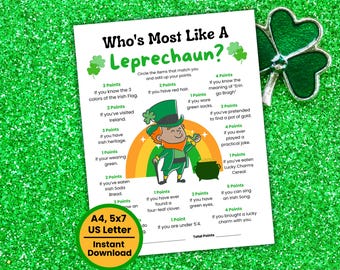 Who's Most Like a Leprechaun St. Patrick's Day Game, St. Patrick's Activity, Leprechaun Printable Game, St. Paddy's Day Trivia Kids Adults