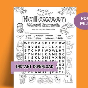 May include: Black and white Halloween-themed word search puzzle. The title "Halloween Word Search" is at the top, with a list of words to find. Includes illustrations of bats, spiders, pumpkins, and other Halloween icons. The words are hidden in a grid.