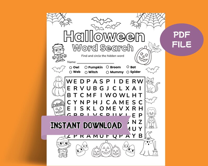 May include: Black and white Halloween-themed word search puzzle. The title "Halloween Word Search" is at the top, with a list of words to find. Includes illustrations of bats, spiders, pumpkins, and other Halloween icons. The words are hidden in a grid.