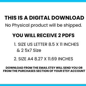 Puede incluir: Texto blanco sobre fondo azul que anuncia "ESTA ES UNA DESCARGA DIGITAL" y proporciona detalles sobre los archivos digitales, incluyendo tama&ntilde;os en pulgadas y formato A4 (21 x 29,7 cm). No se enviar&aacute; ning&uacute;n producto f&iacute;sico.