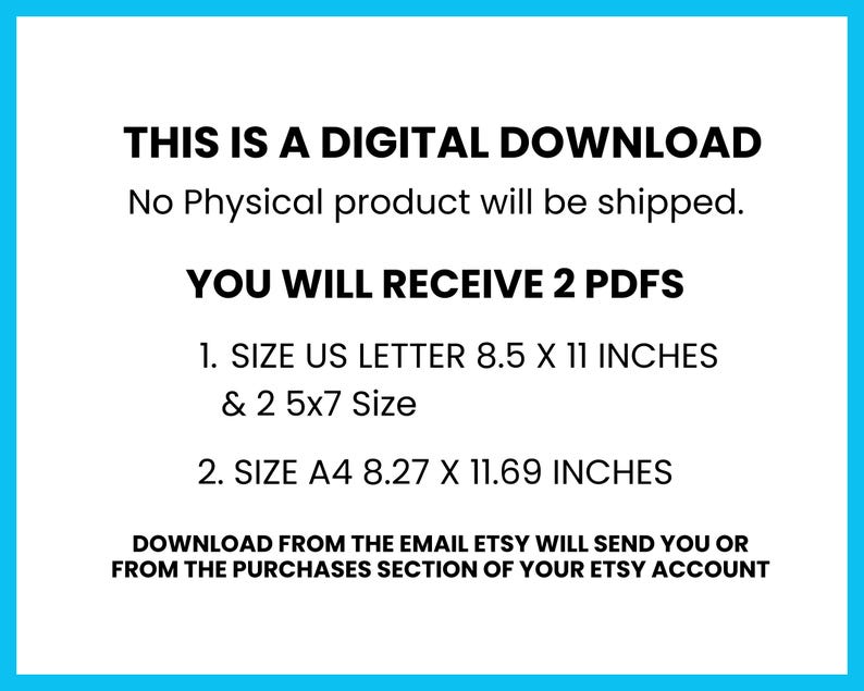 Puede incluir: Texto blanco sobre fondo azul que anuncia "ESTA ES UNA DESCARGA DIGITAL" y proporciona detalles sobre los archivos digitales, incluyendo tama&ntilde;os en pulgadas y formato A4 (21 x 29,7 cm). No se enviar&aacute; ning&uacute;n producto f&iacute;sico.