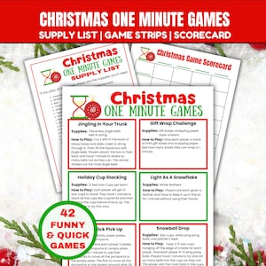 May include: Christmas-themed game printables with the text "Christmas One Minute Games." The image features supply lists, game strips, and a scorecard. The printables include instructions for various games, such as "Jingling in Your Trunk" and "Gift Wrap Challenge."