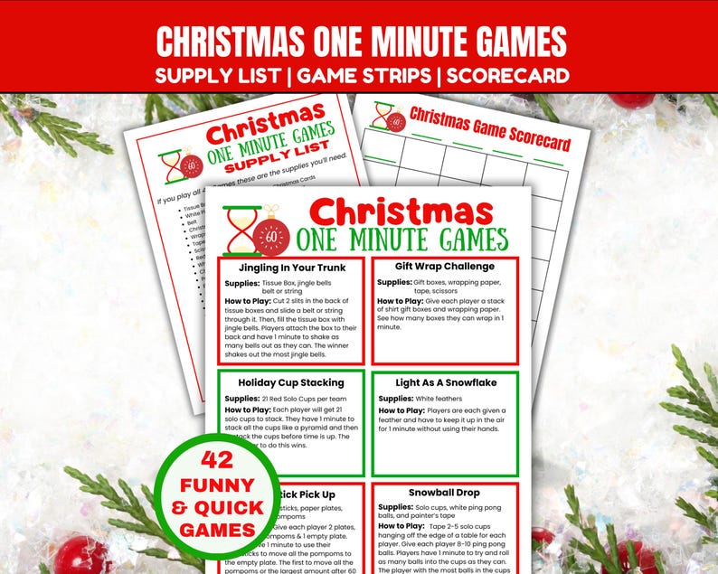 May include: Christmas-themed game printables with the text "Christmas One Minute Games." The image features supply lists, game strips, and a scorecard. The printables include instructions for various games, such as "Jingling in Your Trunk" and "Gift Wrap Challenge."