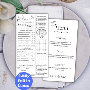 May include: Wedding stationery set featuring a menu and activity sheets. The menu lists starter, main, and dessert options. Activity sheets include a wedding shoe game, scavenger hunt, and word scramble. The text "Welcome to the Wedding of Sara & Mark" is displayed.