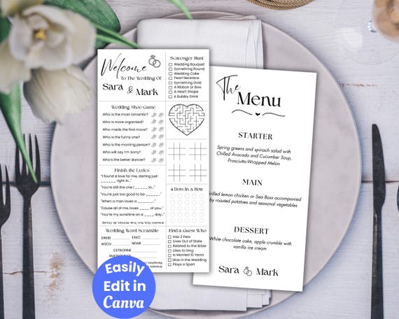 Printable Wedding Table Games, Minimalist Wedding Reception Games, Customized Wedding Menu Cards, Editable Wedding Activities Rehearsal Game