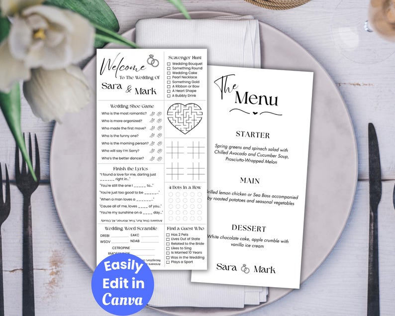 May include: Wedding stationery set featuring a menu and activity sheets. The menu lists starter, main, and dessert options. Activity sheets include a wedding shoe game, scavenger hunt, and word scramble. The text "Welcome to the Wedding of Sara & Mark" is displayed.