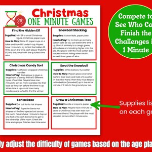 May include: A red and white Christmas-themed game sheet with six different one-minute game ideas. Each game has a list of supplies and instructions. The sheet includes a green circle with the text "Compete to See Who Can Finish the Challenges in 1 Minute."