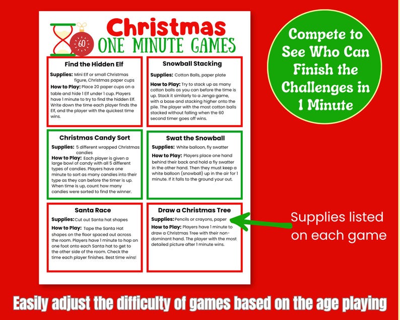 May include: A red and white Christmas-themed game sheet with six different one-minute game ideas. Each game has a list of supplies and instructions. The sheet includes a green circle with the text "Compete to See Who Can Finish the Challenges in 1 Minute."