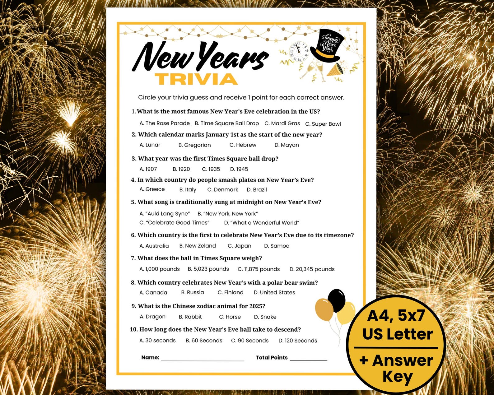 New Years Trivia Game, Printable New Year's Eve Party Game, New Years 2024, Holiday Trivia ...