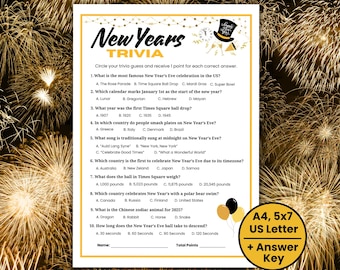 New Years Trivia Game, Printable New Year's Eve Party Game, New Years 2024, Holiday Trivia Questions Teens, Adults, New Years Day Games 2025