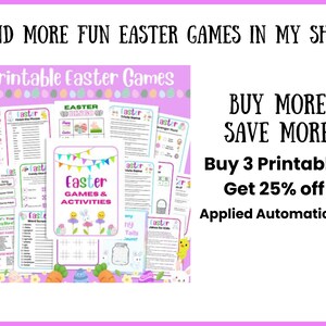 Find more Easter games in my shop. A picture of easter games. A buy more save more sale if you buy 3 printables you get 25% off which is applied automatically.