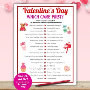 May include: A Valentine's Day game with the title "Which Came First?" in red lettering. The game includes a list of questions with two answer choices. The size is US, A4, and 5x7. A red pen is at the bottom.