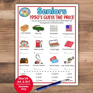 May include: A colorful game sheet titled "Seniors 1950's Guess the Price". The game features illustrations of items like a loaf of bread, a new car, and a record player, with spaces to match the average price. Includes answer key.