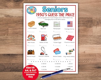 Może przedstawiać: Kolorowy arkusz gry zatytułowany "Seniors 1950's Guess the Price". Gra zawiera ilustracje przedmiotów takich jak bochenek chleba, nowy samochód i gramofon, z miejscami do dopasowania średniej ceny. Zawiera klucz odpowiedzi.