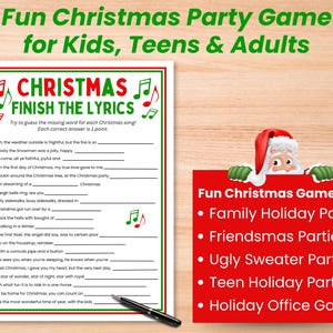 A tabletop with the Christmas song trivia game and a pen. Santa is holding a sign telling where to play the game at family Christmas parties, Friendsmas parties, Ugly Sweater parties, Teen Holiday Party, and as a holiday office game.