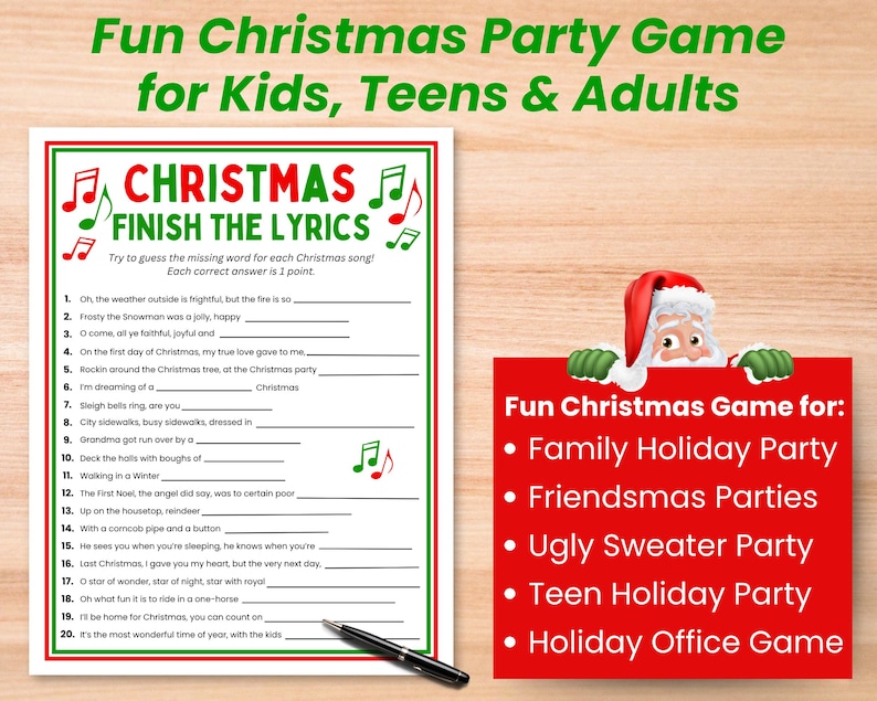 A tabletop with the Christmas song trivia game and a pen. Santa is holding a sign telling where to play the game at family Christmas parties, Friendsmas parties, Ugly Sweater parties, Teen Holiday Party, and as a holiday office game.