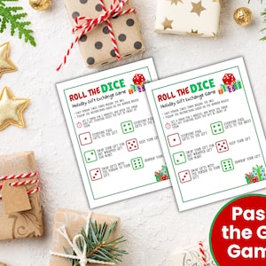 Pass the Gift Game surrounded by Christmas gifts, stars, and evergreen twigs. A fun and easy gift swap game for Holiday parties.